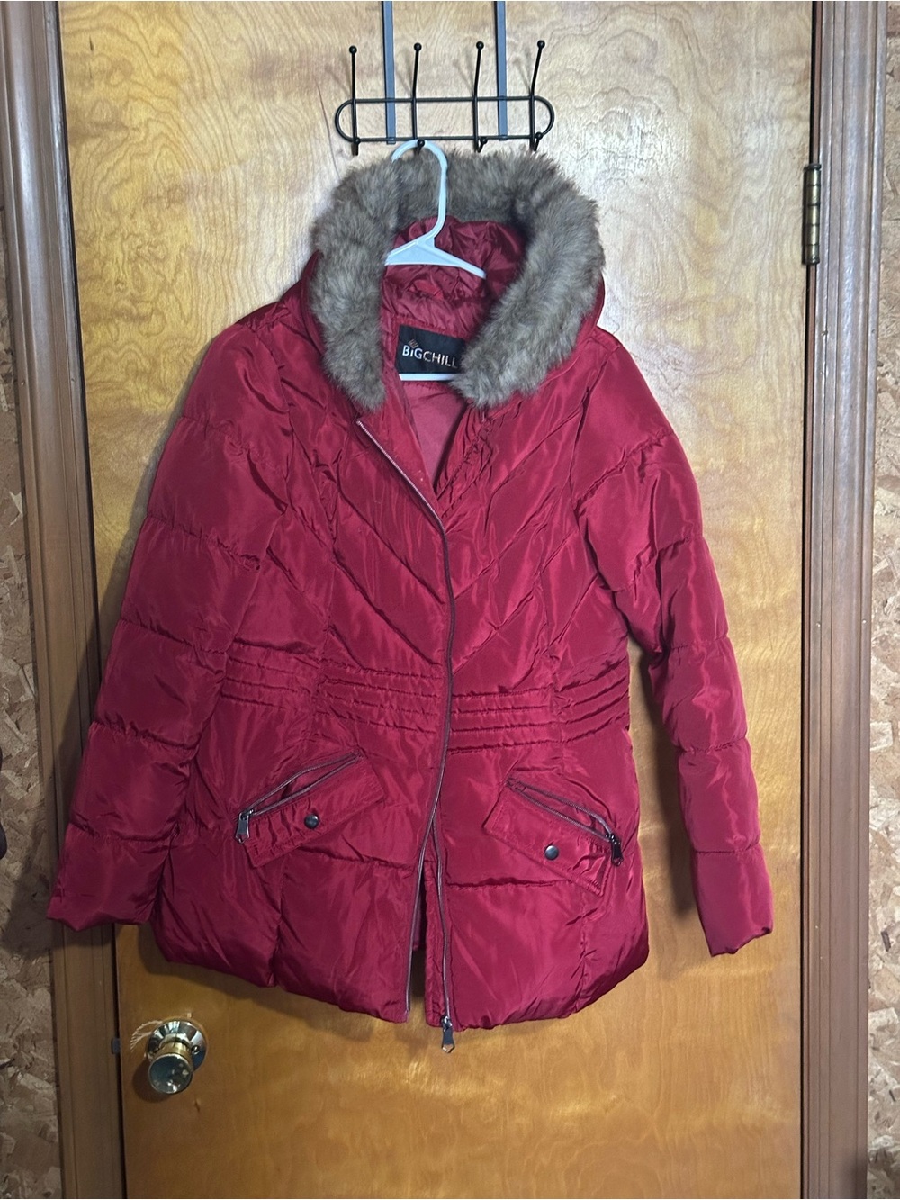 Big Chill Crimson Red Quilted Puffer Coat with Faux Fur Hood